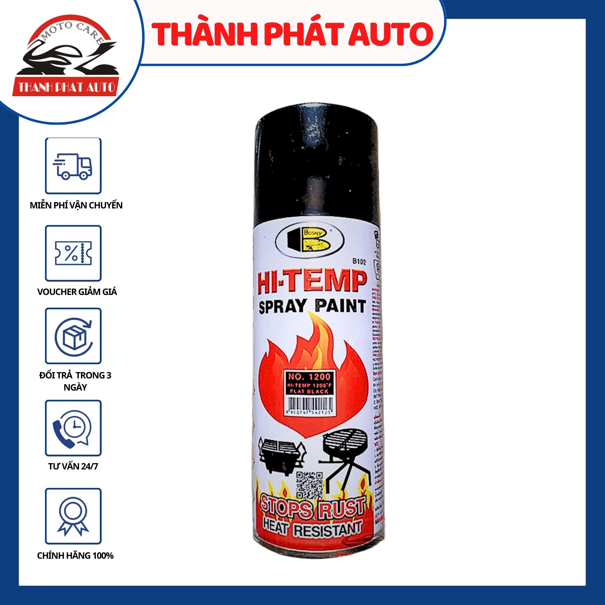 Chai xịt chống cháy, chịu nhiệt độ cao  Bosny Hi-Temp Spray Paint màu đen mờ 1200/sơn pô xe máy, xe ô tô, bếp ga, ống khói, vỉ nướng,... - Sản phẩm thương hiệu Thái Lan