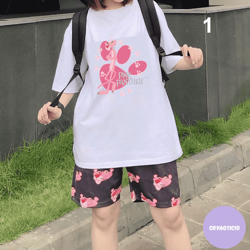 Set báo hồng pink panther + quần short cartoon báo hồng thun unisex cryaotic10