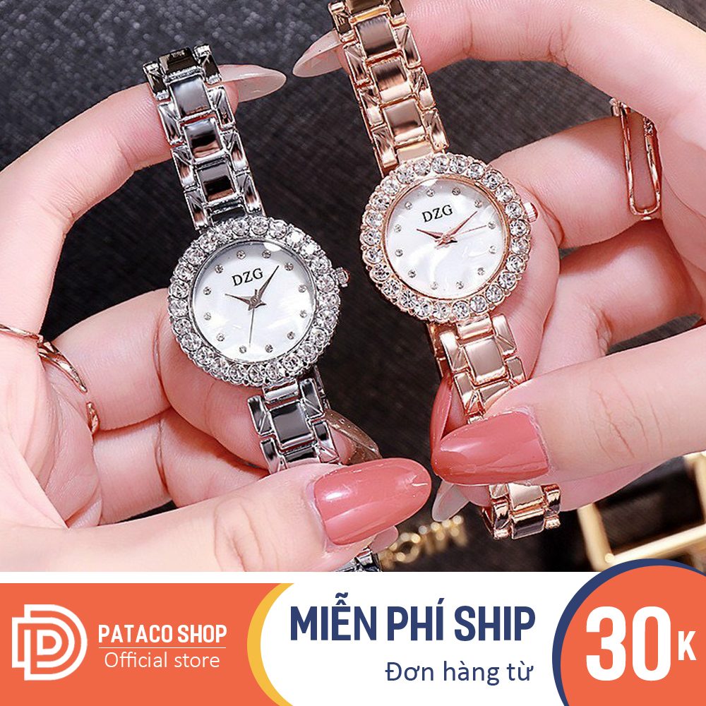 Đồng hồ nữ thời trang DZG D176 dây kim loại mạ vàng cao cấp viền đính đá chống nước sinh hoạt bảo hành 6 tháng