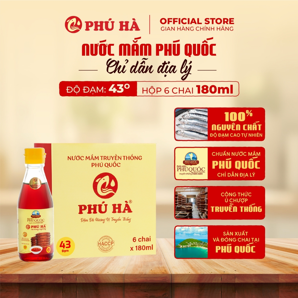 Nước mắm Phú Quốc Chỉ Dẫn Địa Lý Phú Hà Thượng Hạng 43 độ đạm - Hộp 6 chai 180ml