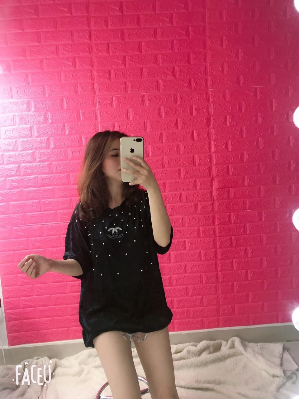 Áo thun nhung pom rộng giấu quần