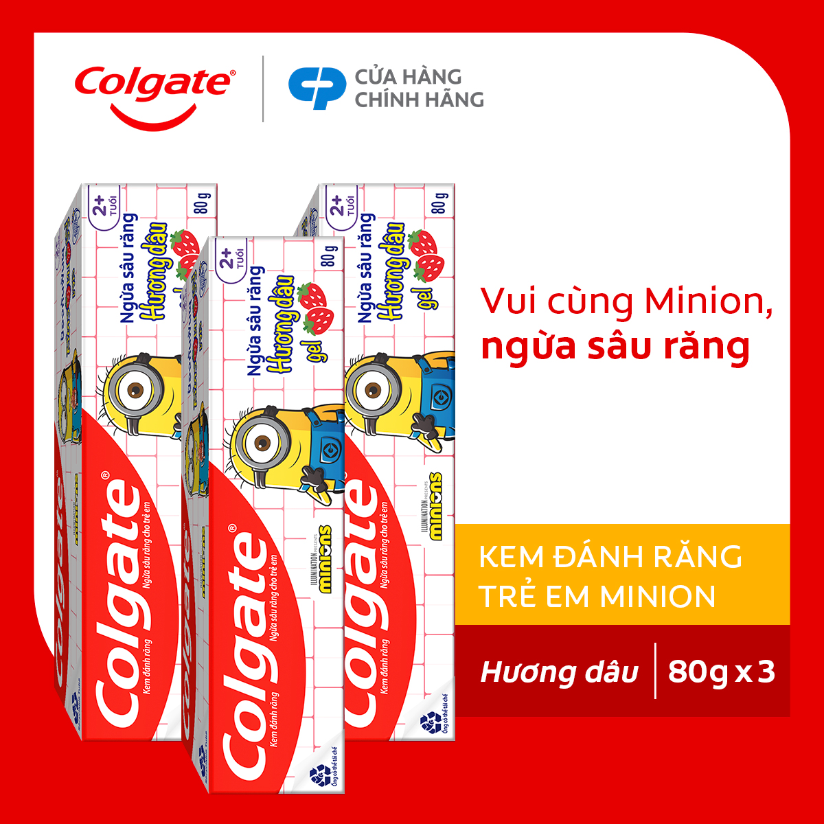 Bộ 3 Kem đánh răng Colgate Minion cho trẻ em hương dâu 80g/tuýp