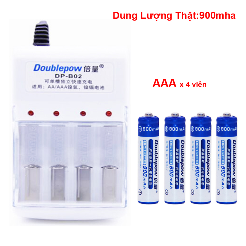 Combo sạc DP-B02 và 4 pin sạc AAA Doublepow 900mAh (Cho Đồ Chơi trẻ em, Máy cạo râu, Remote, Đen Pin...)