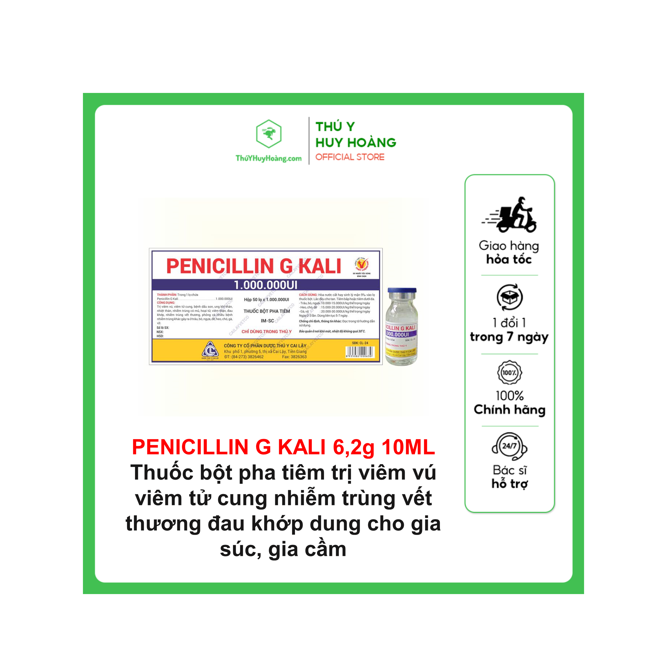PENICILLIN G KALI 1G/10ml viêm vú viêm tử cung bệnh dấu son ung khí thán nhiễm trùng có mủ nhiễm trùng vết thương trên gia súc gia cầm