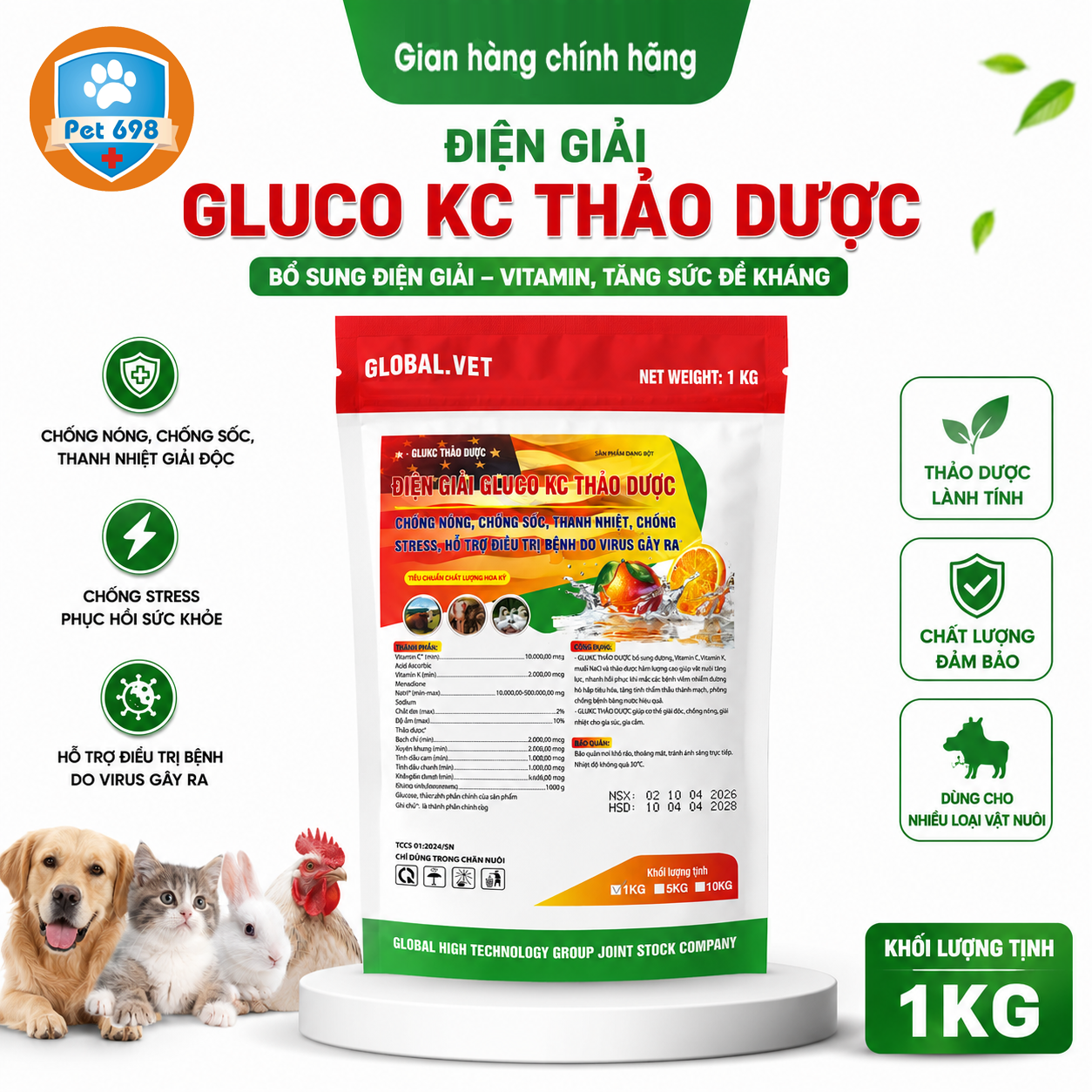 Điện giải GLUCO-K-C Thảo dược 1KG chống nóng chống sốc, thanh nhiệt chống stress, hỗ trợ phòng chữa bệnh cho gà vịt ngan cút