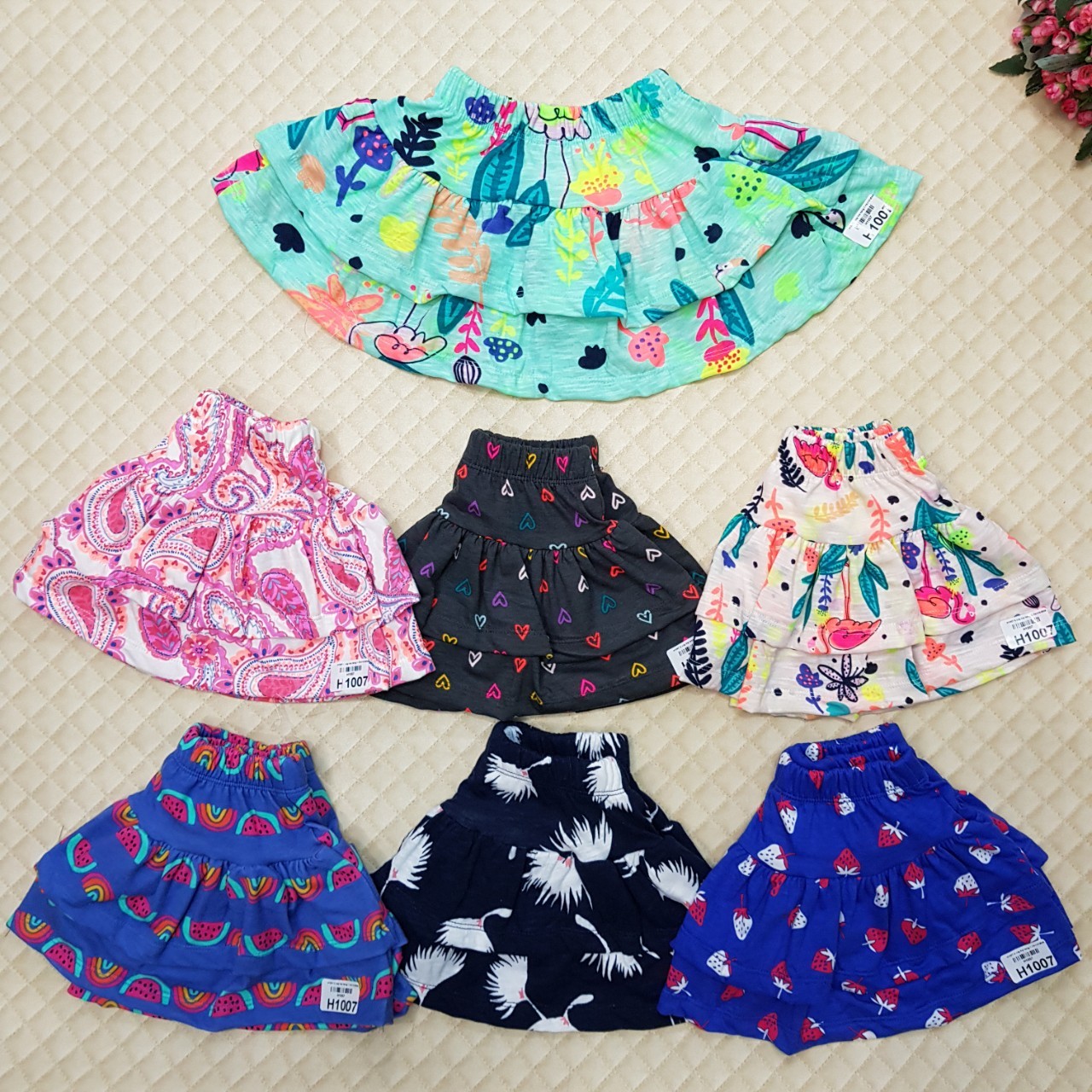 H1007M1 - Chân váy cotton, 2 tầng, in hoa lá, Made in VietNam,size bé 1-10, r10 - nhà phân phối