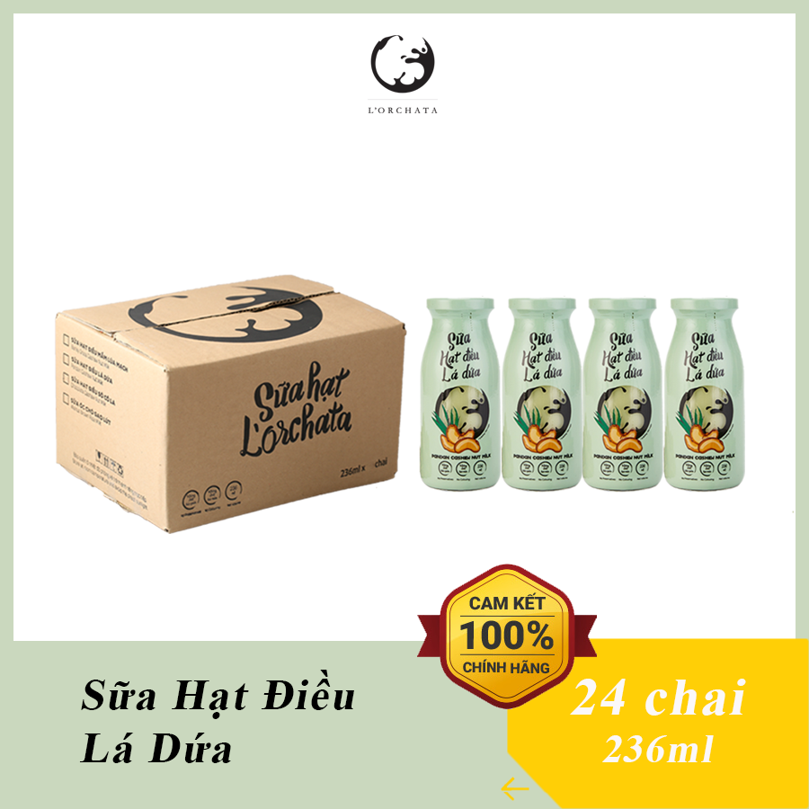 Thùng 24 chai sữa hạt l'orchata vị hạt điều lá dứa, ít đường, không chất bảo quản, tốt cho tim mạch, tăng đề kháng
