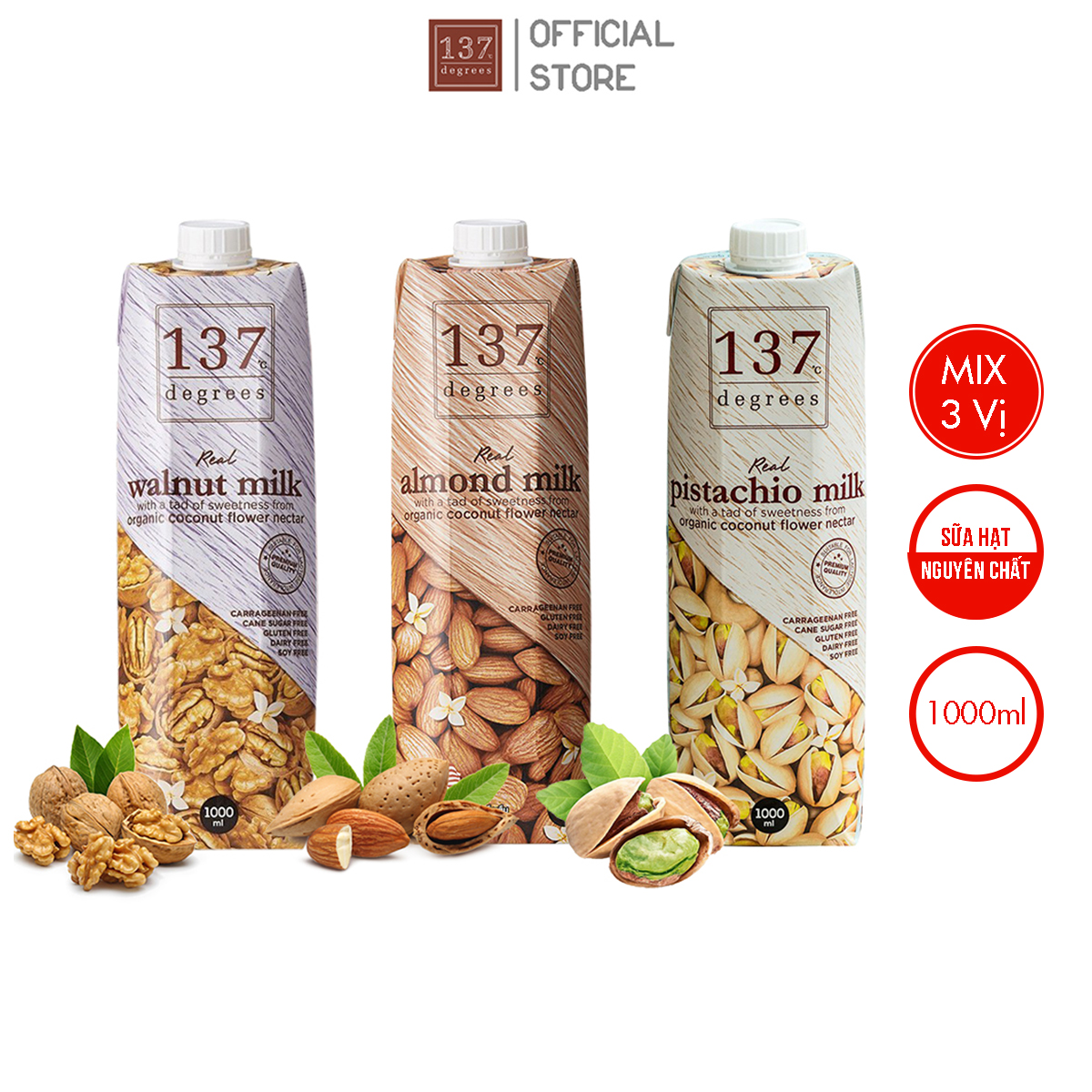 Combo Sữa hạt nguyên chất ÓC CHÓ - HẠNH NHÂN - HẠT DẺ - 3 hộp 1000ml