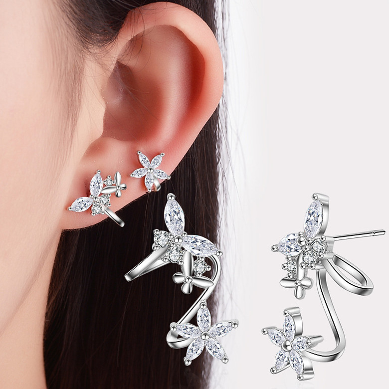 Bông tai nữ hình hoa và bướm đá zircon khuyên tai nữ đẹp