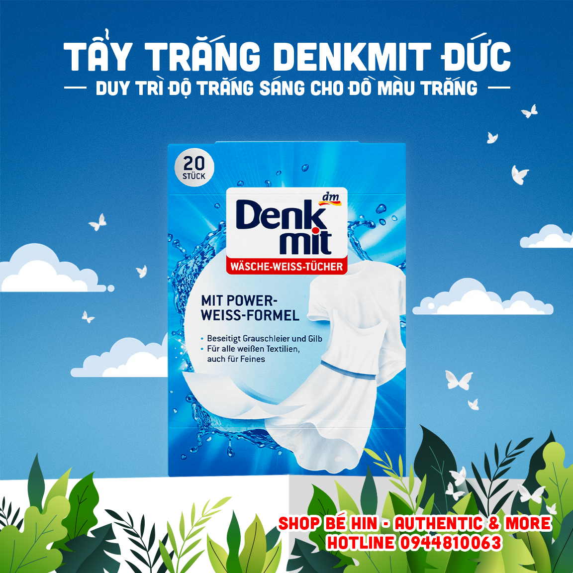 Giấy tẩy trắng quần áo Denkmit, 20 tờ, miếng tẩy trắng quần áo Denk mit Đức, duy trì độ trắng sáng cho đồ màu trắng