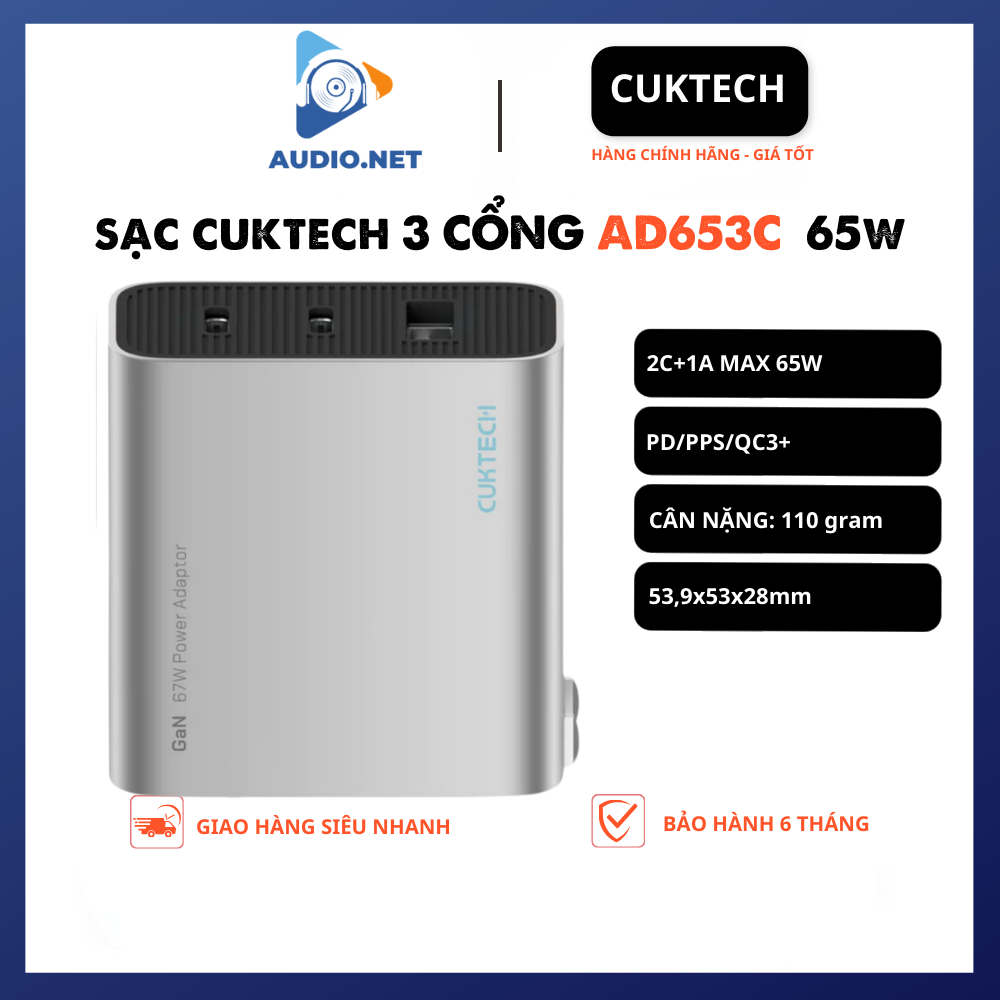 Củ sạc nhanh Cuktech 65W 65w AD653C  có 3 cổng, hỗ trợ PD PPS QC3+ Bảo hành 6 tháng
