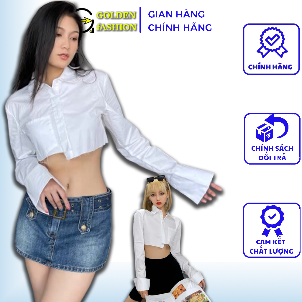 Áo sơ mi croptop tay dài cổ đức thời trang dành cho nữ đủ size s,m,l,xl