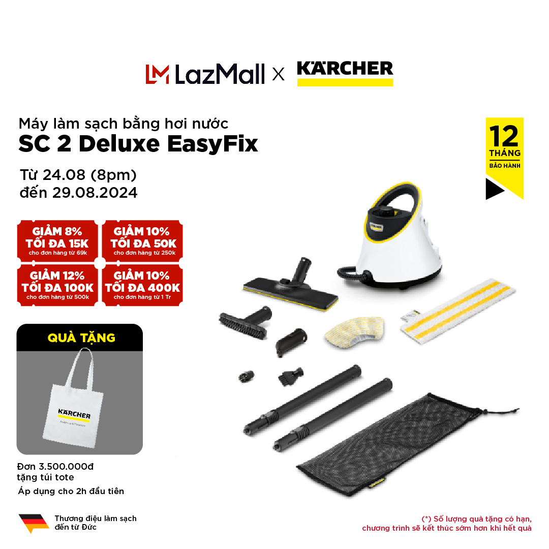 Máy làm sạch bằng hơi nước nóng 1500W Karcher SC 2 Deluxe easyfix, hiệu suất làm sạch 75m²/h, 2 mức độ phun có khóa an toàn chống bỏng, làm nóng nhanh