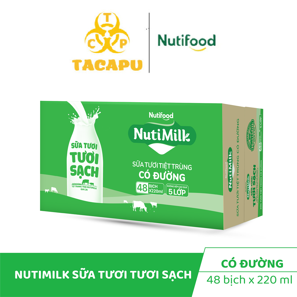 Thùng 48 bịch nutimilk sữa tươi tươi sạch có đường - sữa tươi tiệt trùng có đường bịch 220ml tu.stcdb220az - thương hiệu nutifood - tacapu