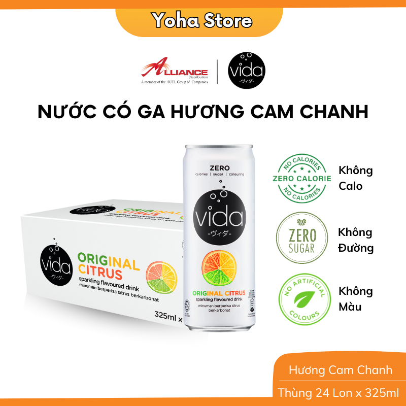   Thùng 24 Lon  Nước Ngọt Có Ga Không Calo Vida Hương Cam Chanh Táo Vải Muối Nhập Khẩu Malaysia - 24 Lon x 325ml 