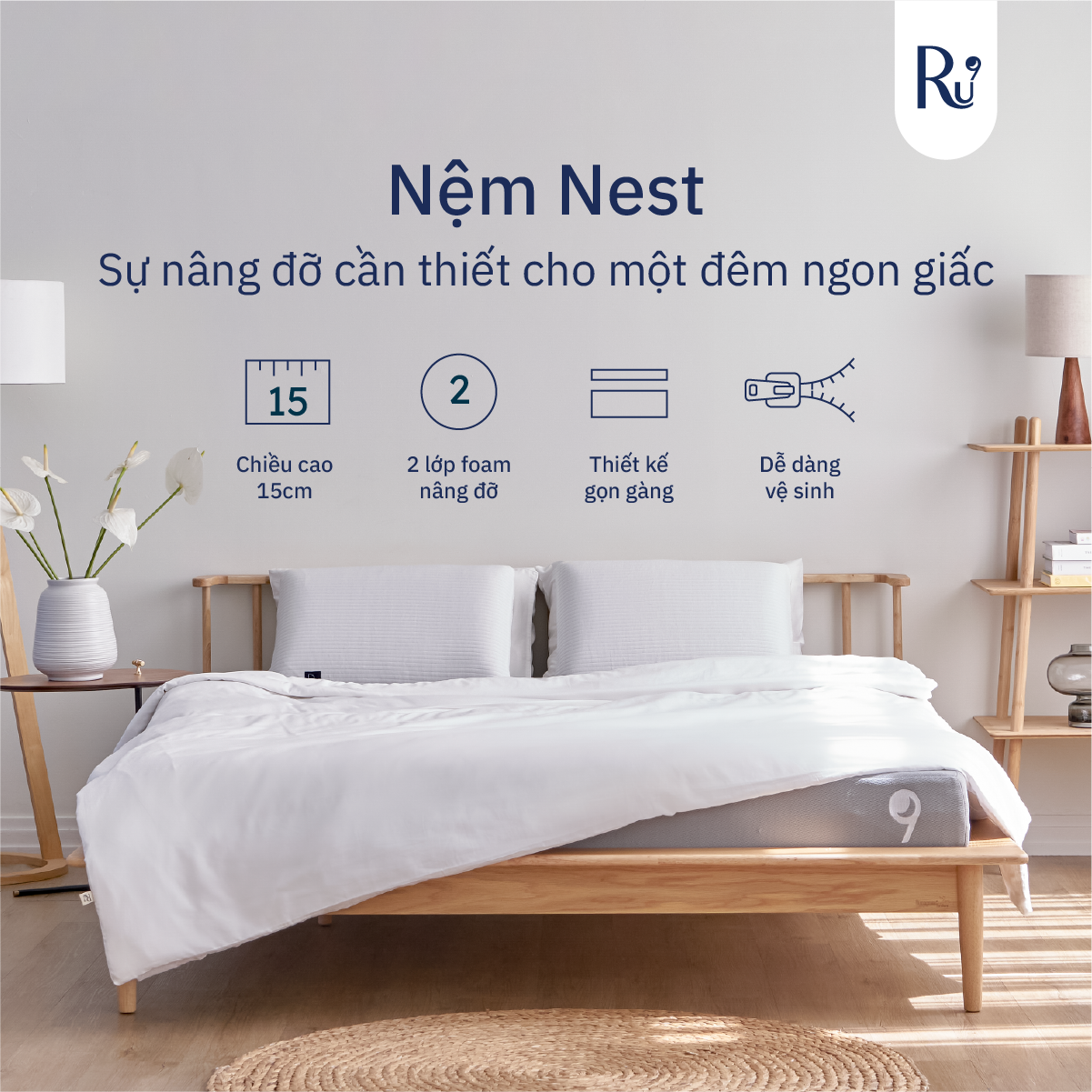 Nệm Foam Nest Ru9 15cm Màu Xám 2 Lớp Foam Nâng Đỡ Bao Gồm 6 Kích Thước 100 Đêm Ngủ Thử