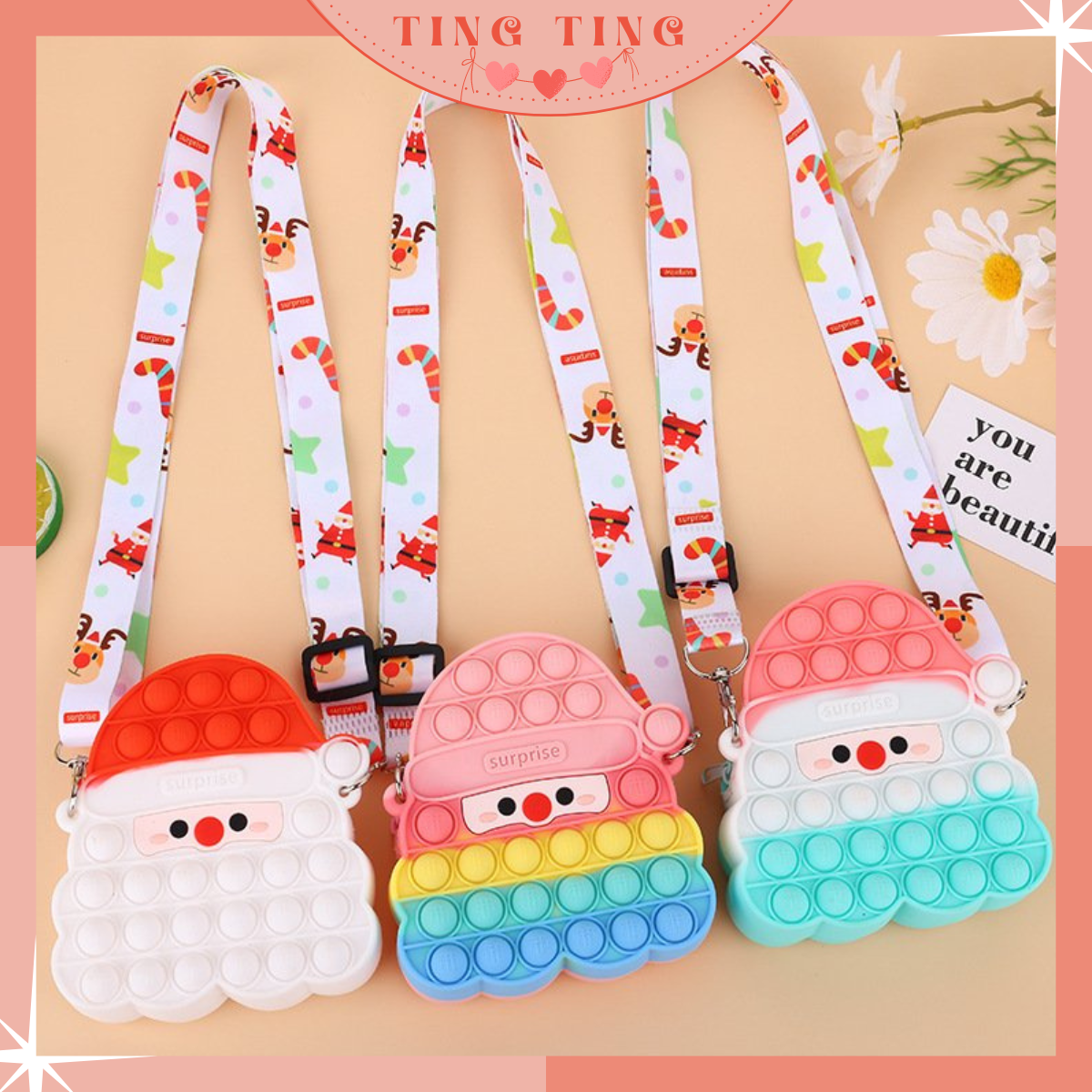 Túi đeo chéo Popit ông già Noel, Túi Pop it kèm dây đeo xinh xắn cho bé, Túi đeo silicon _ Ting Ting