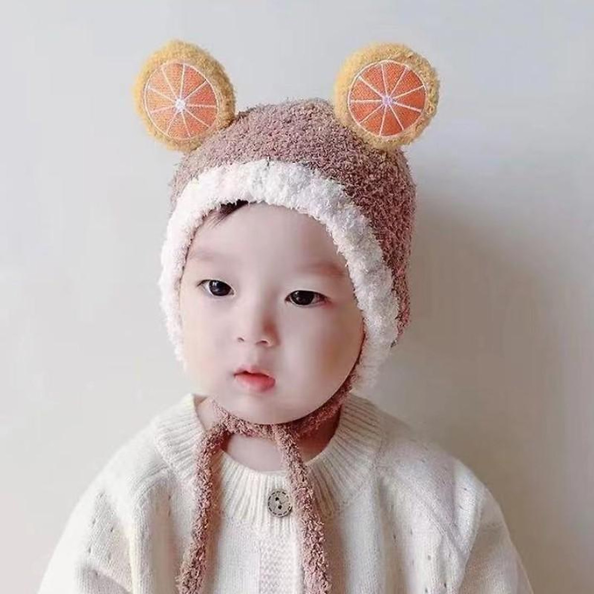 Mũ len cho bé hình hoa quả có dây buộc