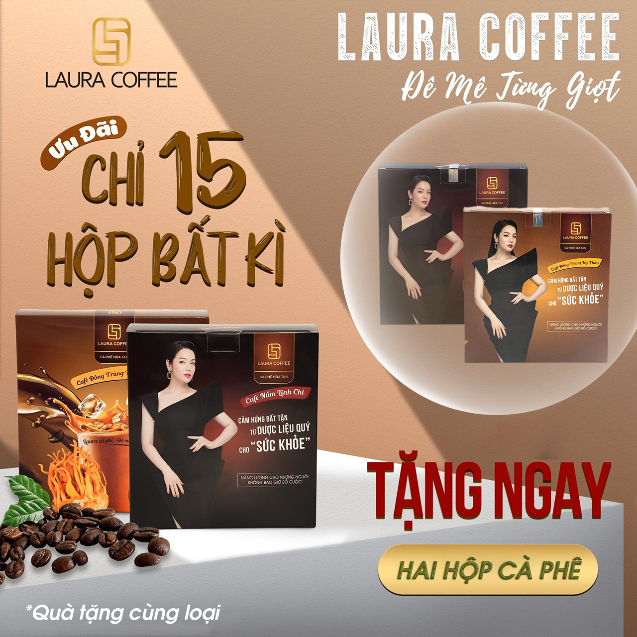 Tặng 2 hộp cà phê - cà phê nhật kim anh nấm linh chi - đông trùng hạ thảo - laura coffee - laura sunshine