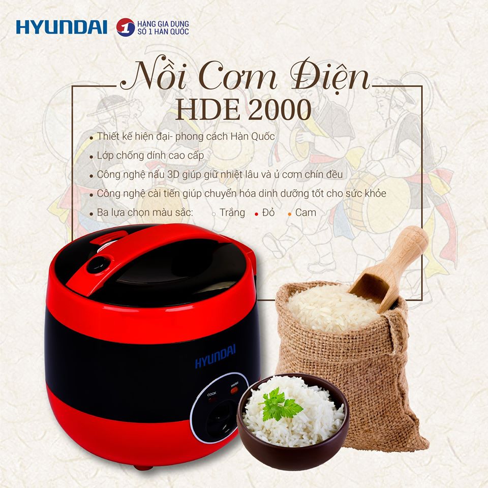 Nồi cơm cơ hyundai hde 2000w dung tích 1,2l - hàng chính hãng bảo hành 12 tháng