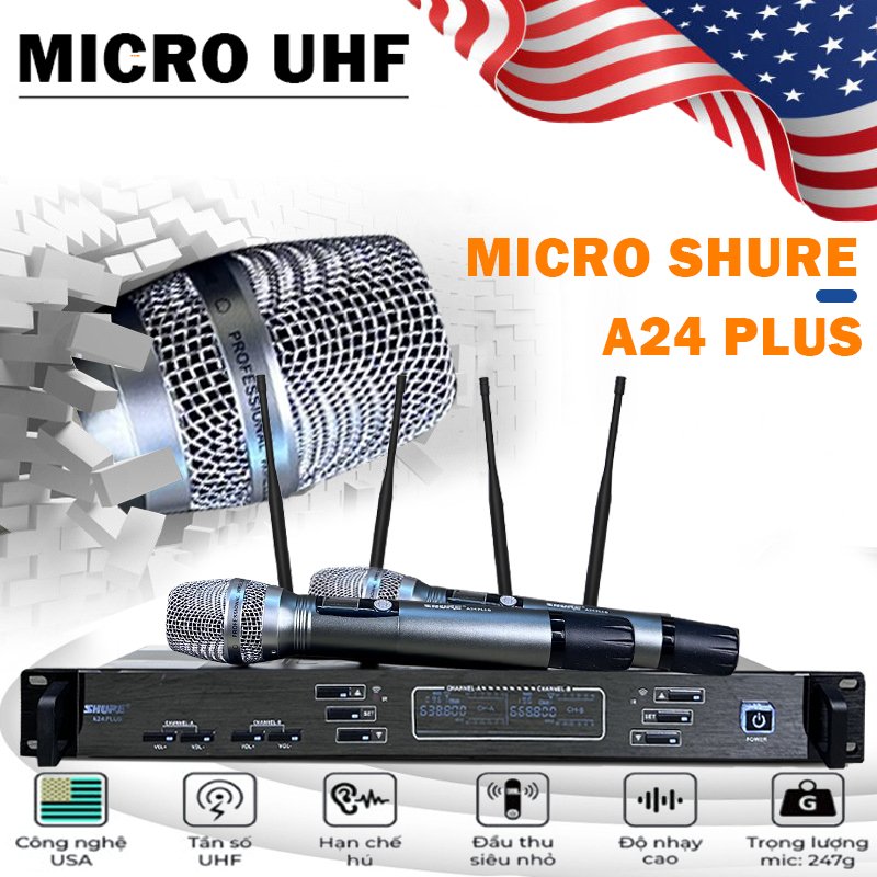 Hàng Bãi Mỹ | Micro Không Dây Karaoke Shure A24 Plus Chống Hú Chồng Ồn, Loại Bỏ Tạp Âm Tụ To - Chống Hú - 4 Râu Bắt Sóng Khỏe 250M , Lọc Âm - Bộ 2 Mic Shure A24 Plus Chống Hú Tự Ngắt Tốt, Mic Hát Phòng Trà, Hội Trường. BH 24 THÁNG