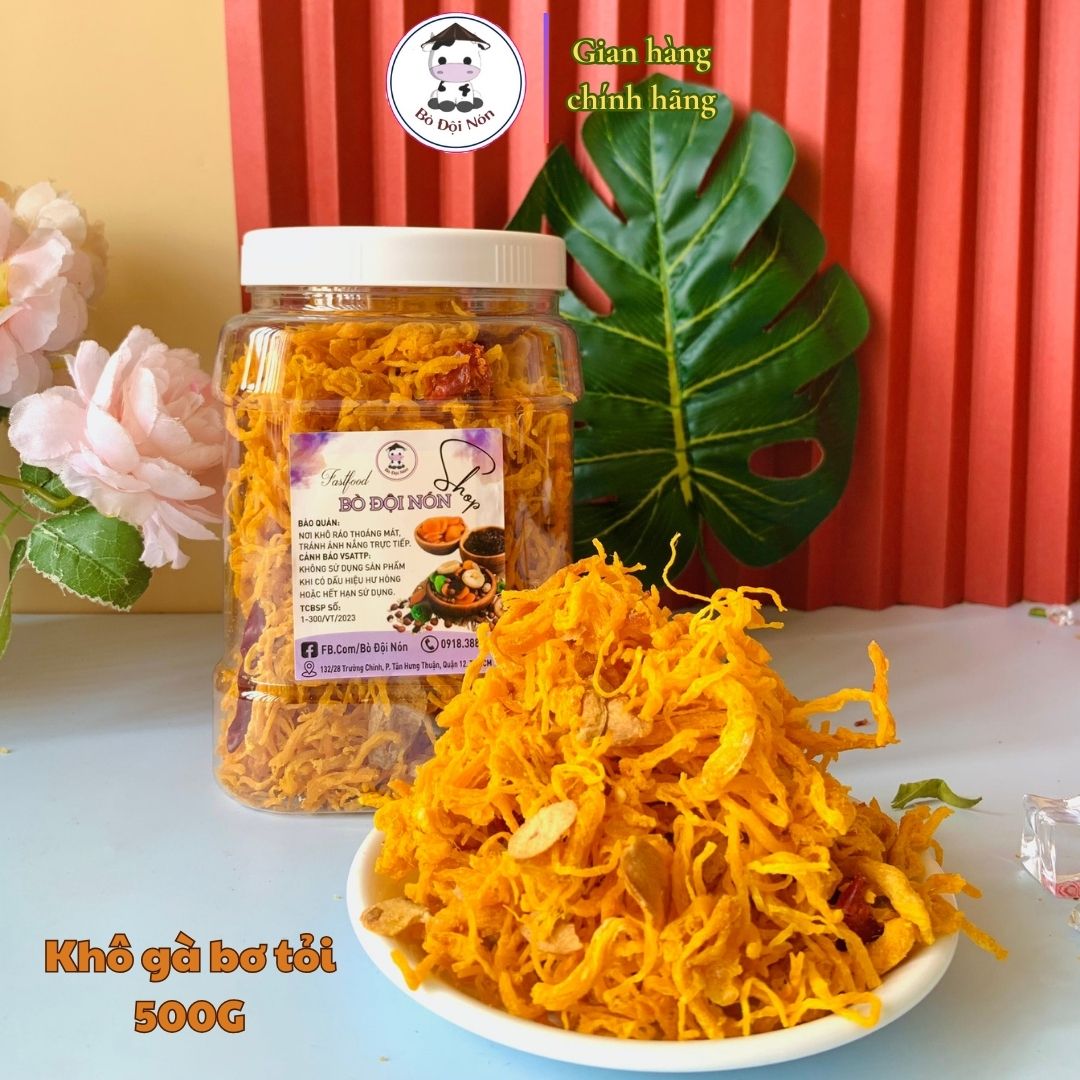 Khô Gà Bơ Tỏi 1kg (Đóng 2 Hũ) Bò Đội Nón