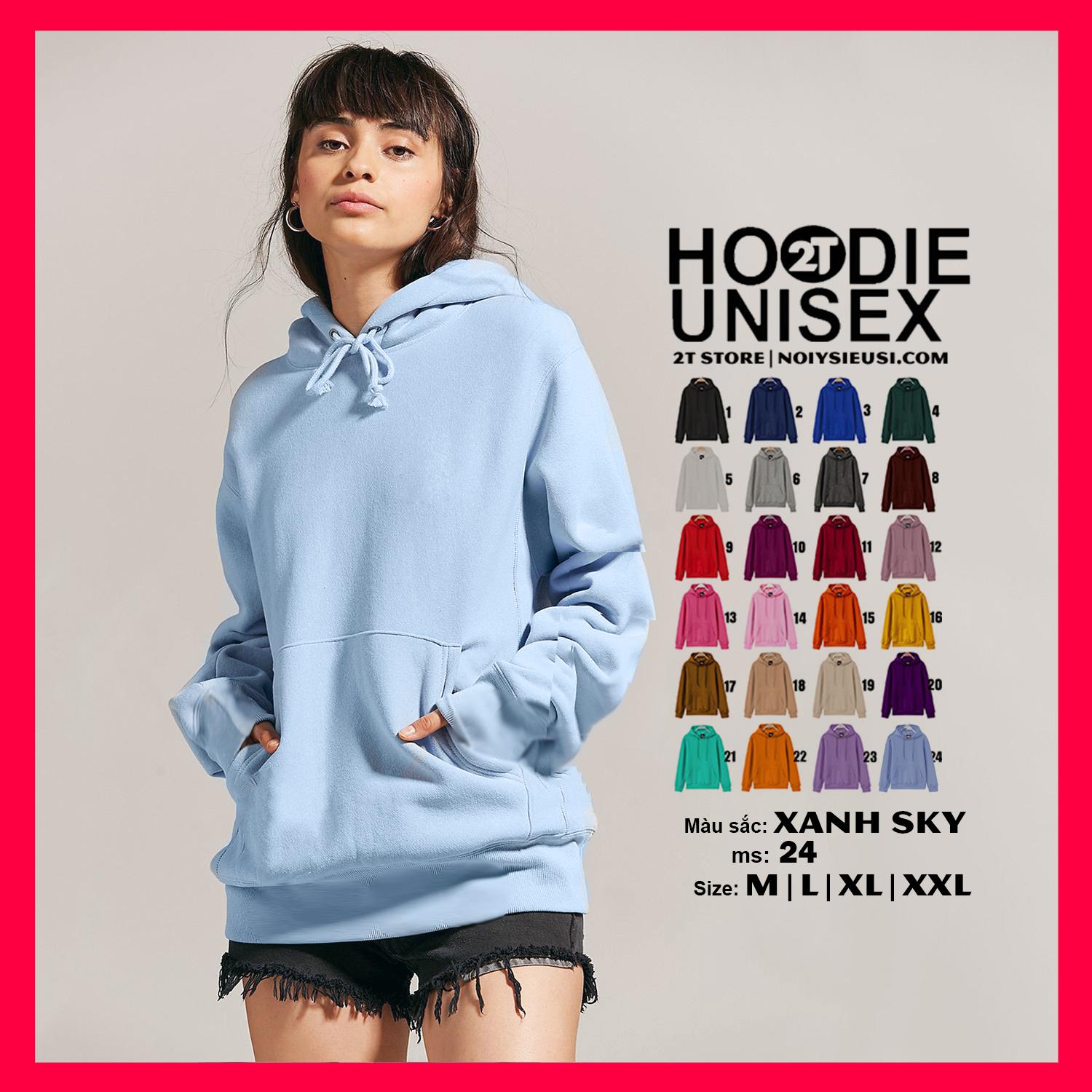 [4.4 HOÀN TIỀN 15%][HCM]Áo Hoodie Unisex 2T Store H24 Màu Xanh Sky - Áo Khoác Nỉ Bông Chui Đầu Nón 2 Lớp Dày Dặn Chất Lượng Đẹp
