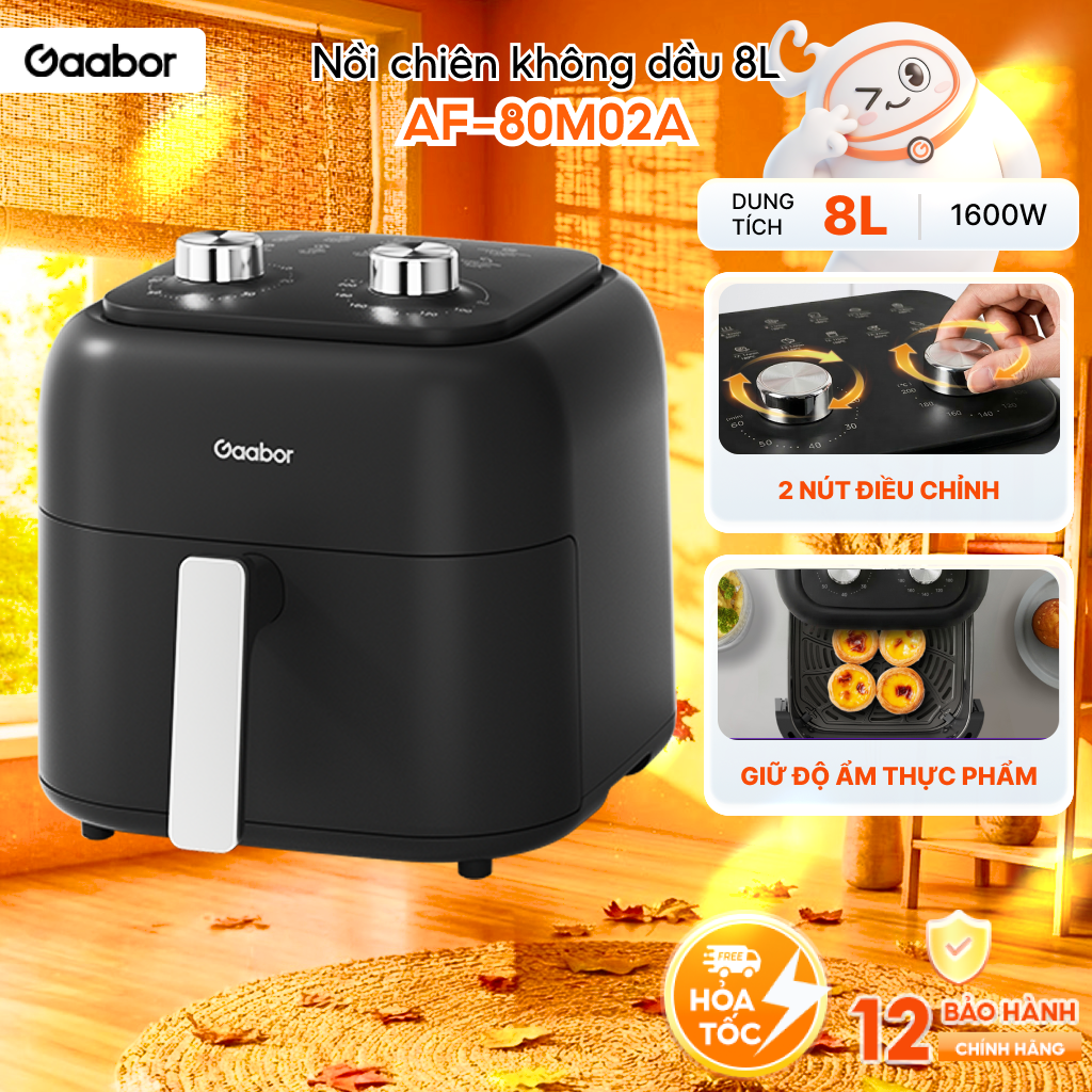 Nồi chiên không dầu 8L Gaabor AF-80M02A dung tích 8L lớn công suất 1600W 2 núm điều chỉnh nhiệt độ và thời gian - Bảo hành 12 tháng 1 đổi 1