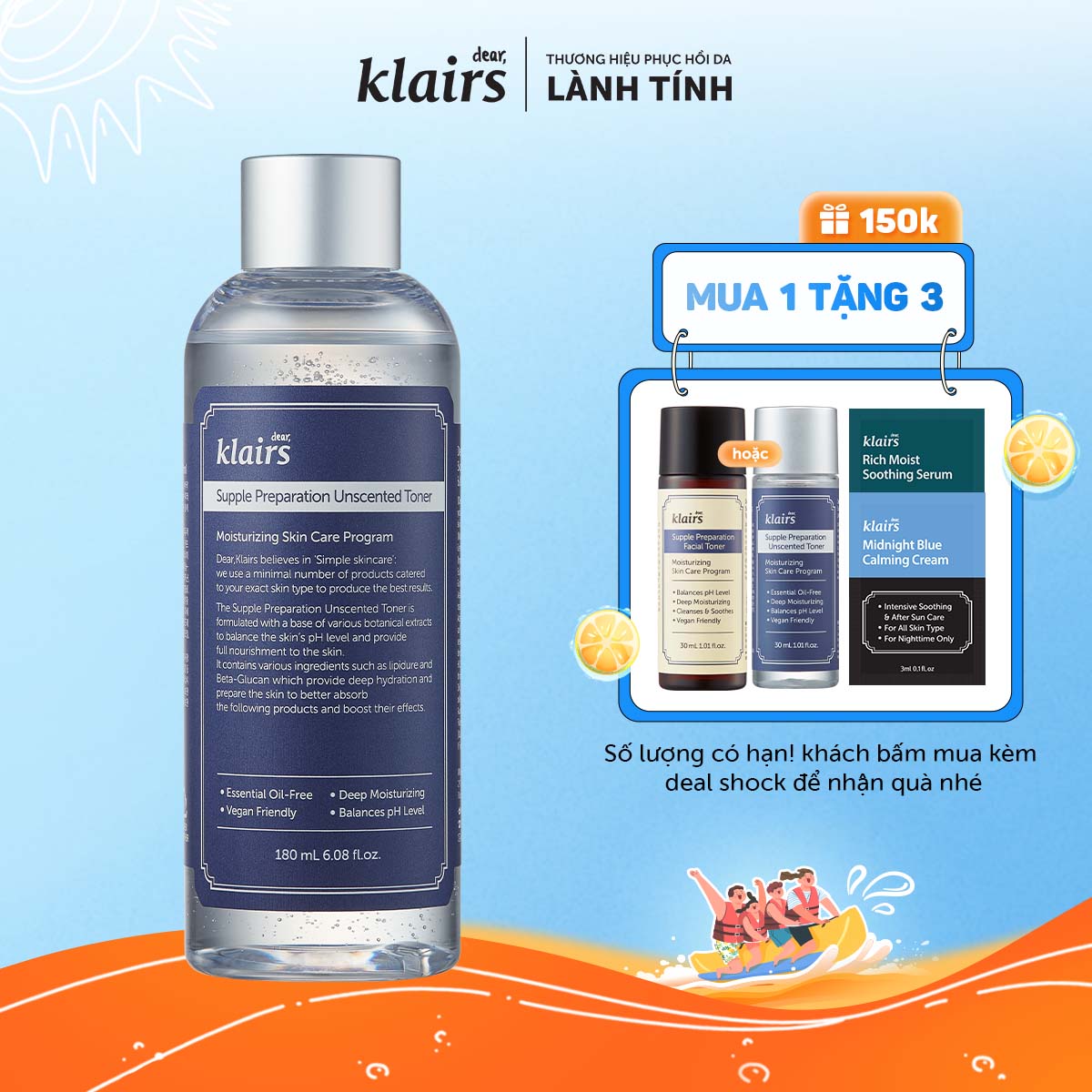 Nước hoa hồng DEAR KLAIRS SUPPLE PREPARATION UNSCENTED TONER 180ML