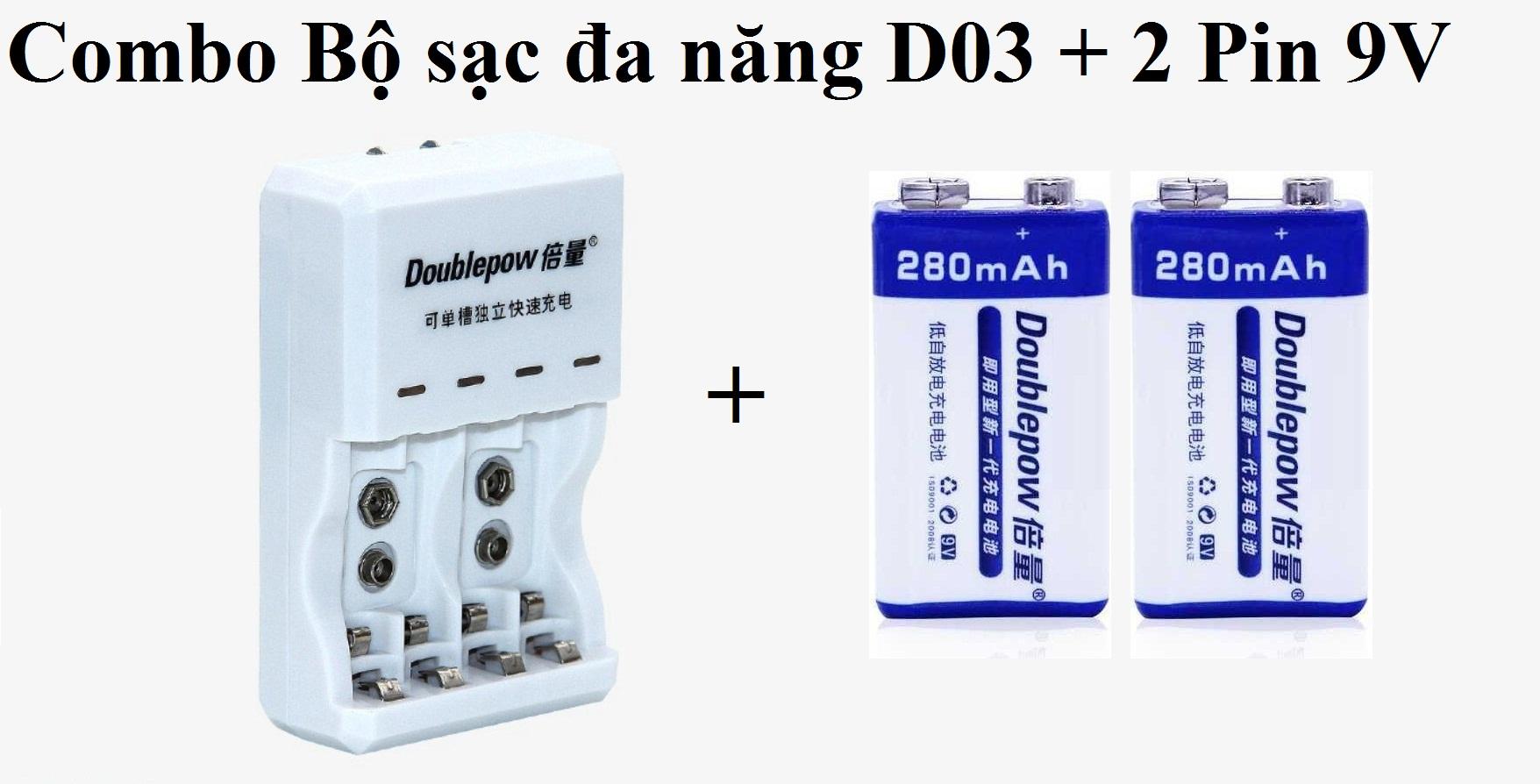 Combo Bộ Sạc Pin đa năng DP-D03 (sạc pin 9V, pin tiểu AA, pin đũa AAA ) Tặng 2 pin sạc 9V Doublepow