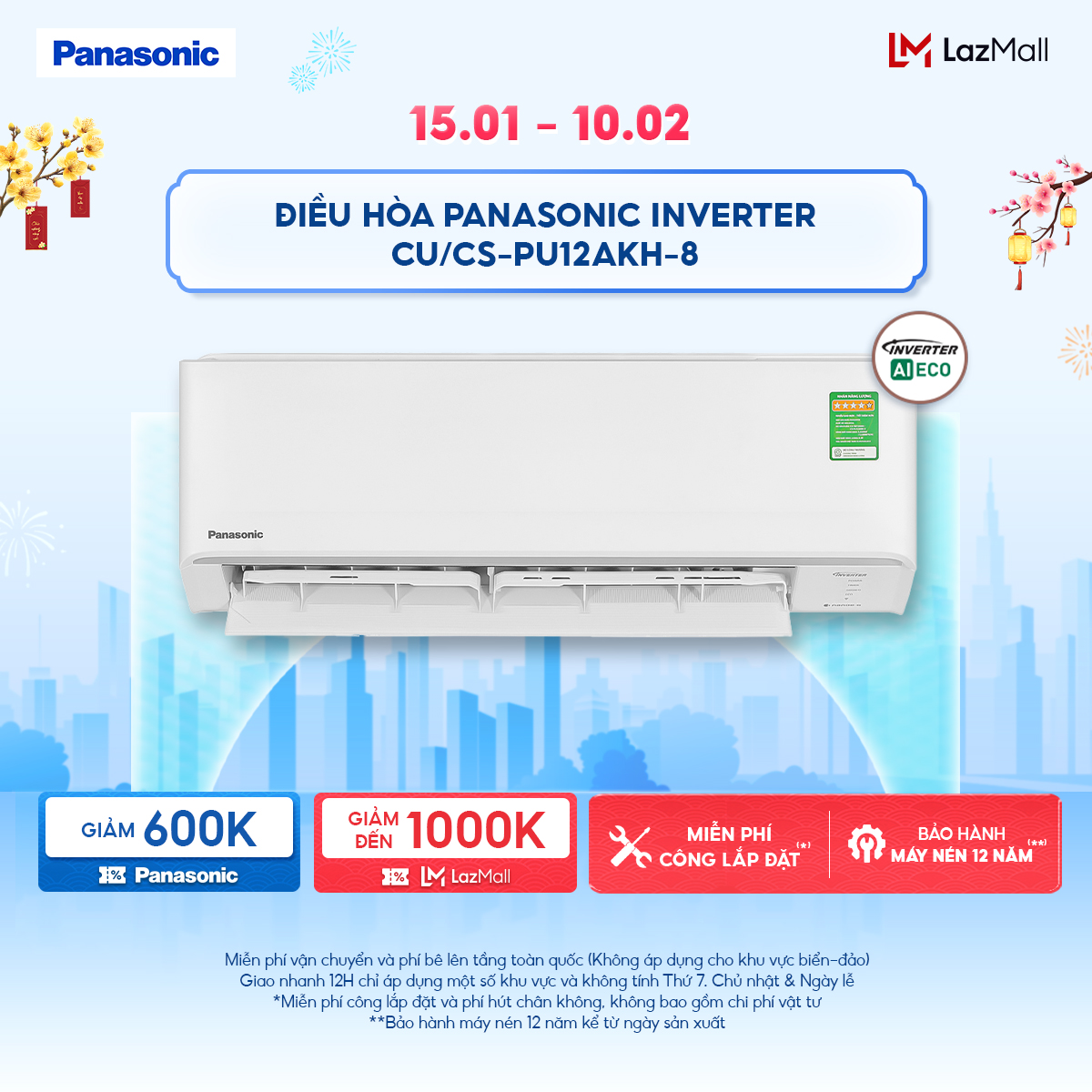 Độc quyền Online Máy lạnh Điều hòa Panasonic Inverter CU CS-PU12AKH-8 - Công suất 1.5HP - Một chiều - Eco AI - Lọc không khí bụi mịn - Wifi