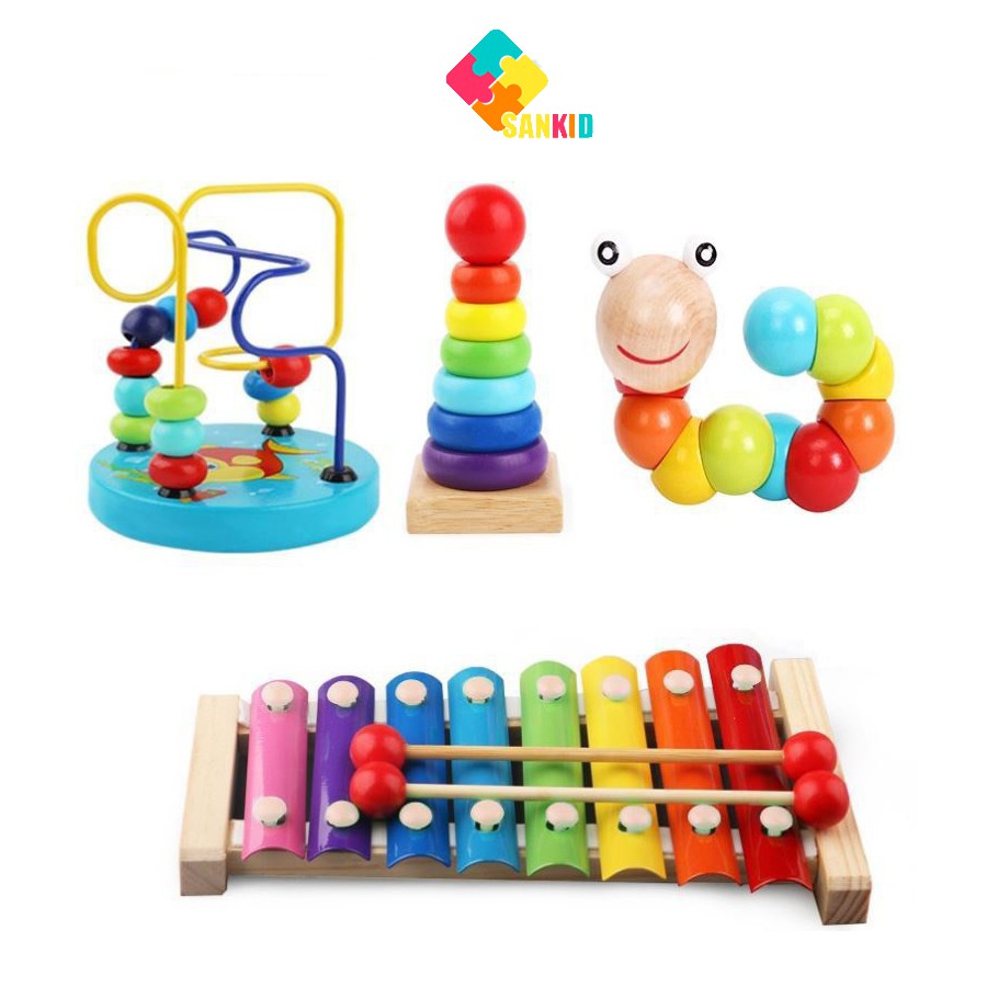Combo 4 món đồ chơi gỗ: sâu - đàn -tháp -luồn hạt