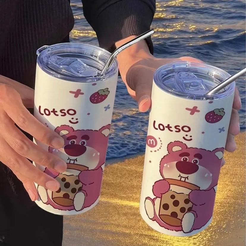 Ly Giữ Nhiệt Gấu Dâu Trà Sữa Lotso 600ml Giữ Nhiệt 6-8h, Có Nắp Chống Tràn