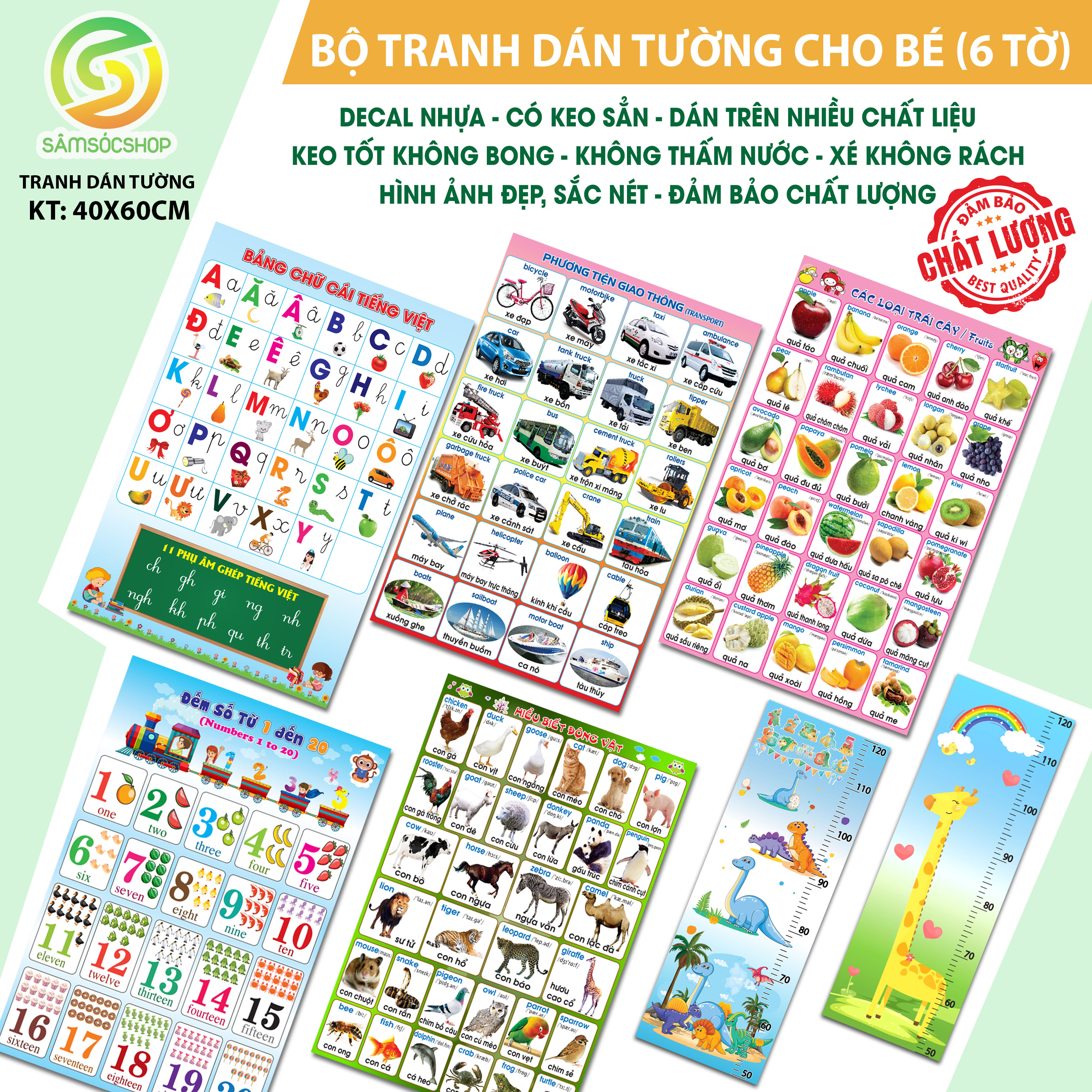 Tranh Decal dán tường cho bé học 6 tờ: chữ cái số con vật trái cây xe thước keo sẳn