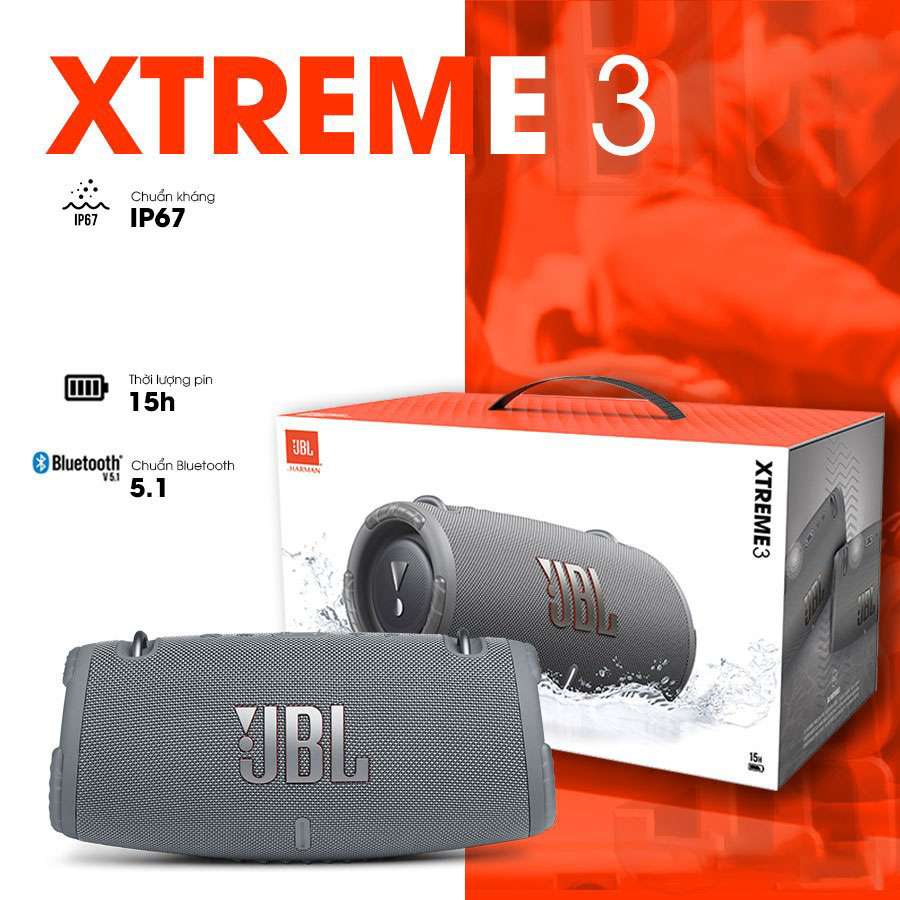 Loa -JBL Xtreme 3  - Chất Âm Trong Trẻo - Bass Cực Hay - Tích Hợp Bluetooth 4.1 Cổng AUX 3.5mm Và Micro USB Pin 10000mAh Nghe Nhạc 15 Giờ.