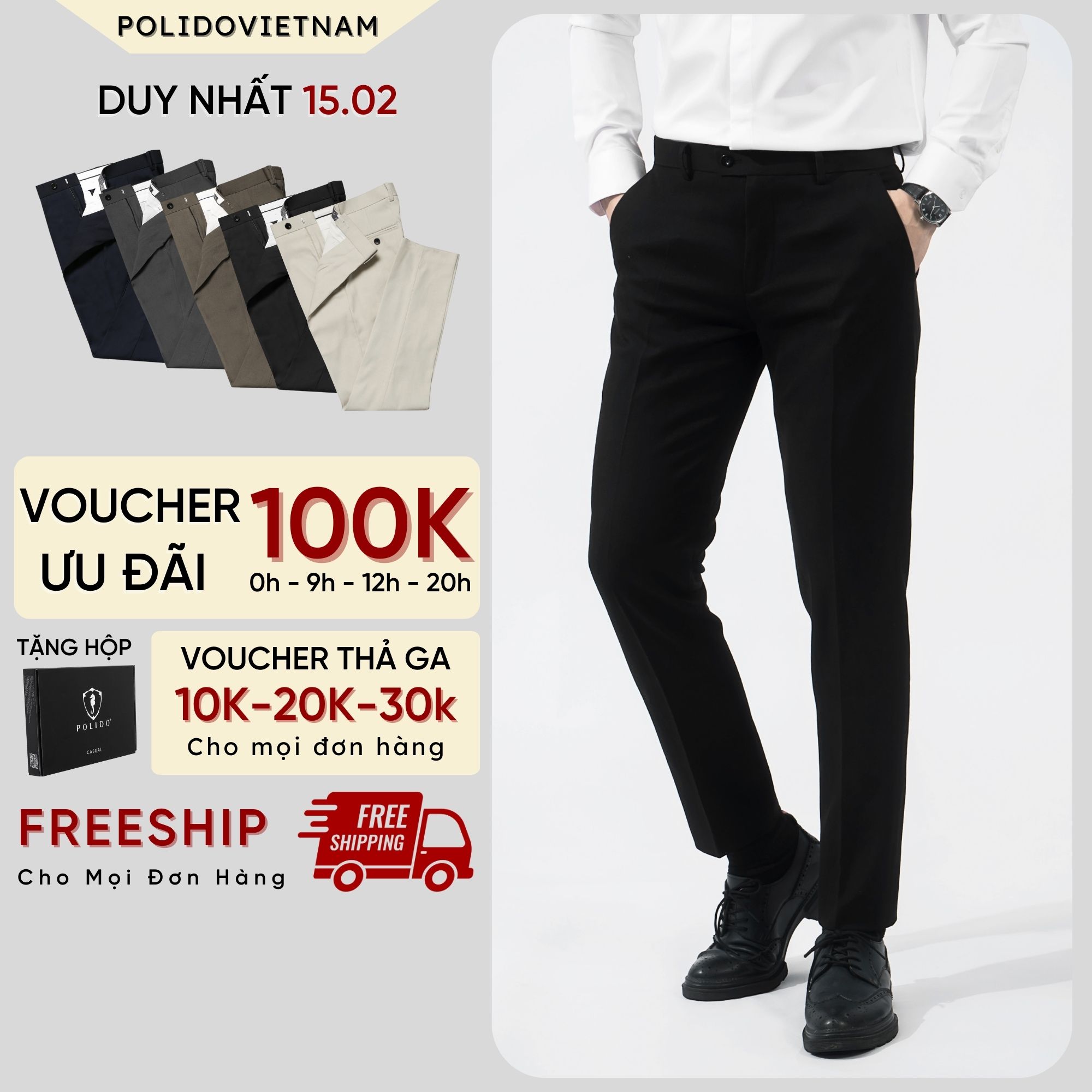 Quần Âu Nam,Quần Hàn Quốc Nam Trơn Polido Chất Liệu Thoáng Mát Co Giãn Thoải Mái Form Slim Thời Trang Nam