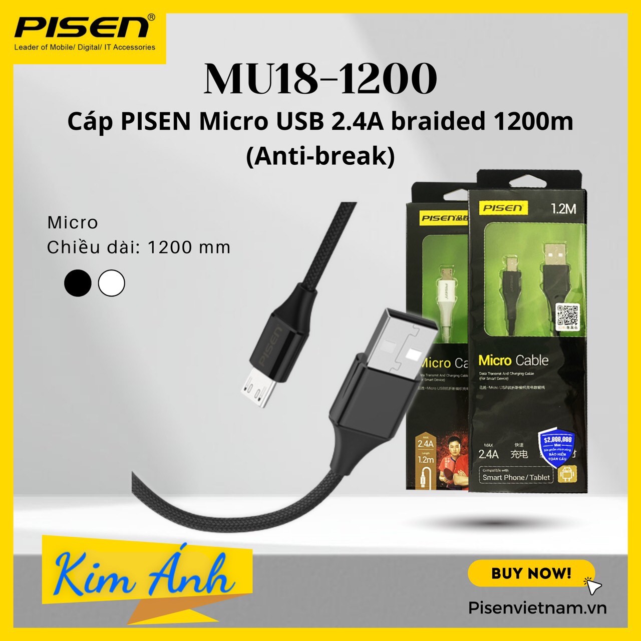 Dây sạc nhanh PISEN Micro USB 2.4A braided 1200m-, dây dù chống rối