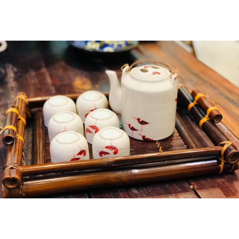 Sẵn” bộ tích chén trà sứ ấm cốc sứ uống trà bát tràng kèm khay mây