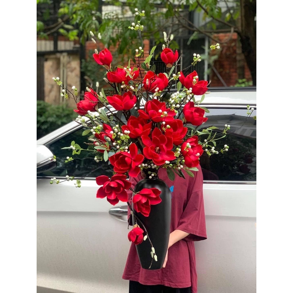 Hoa giả cành hoa mộc lan xốp giả cao cấp 6 bông to, size đại chất pu cao cấp, hàng nhập khẩu