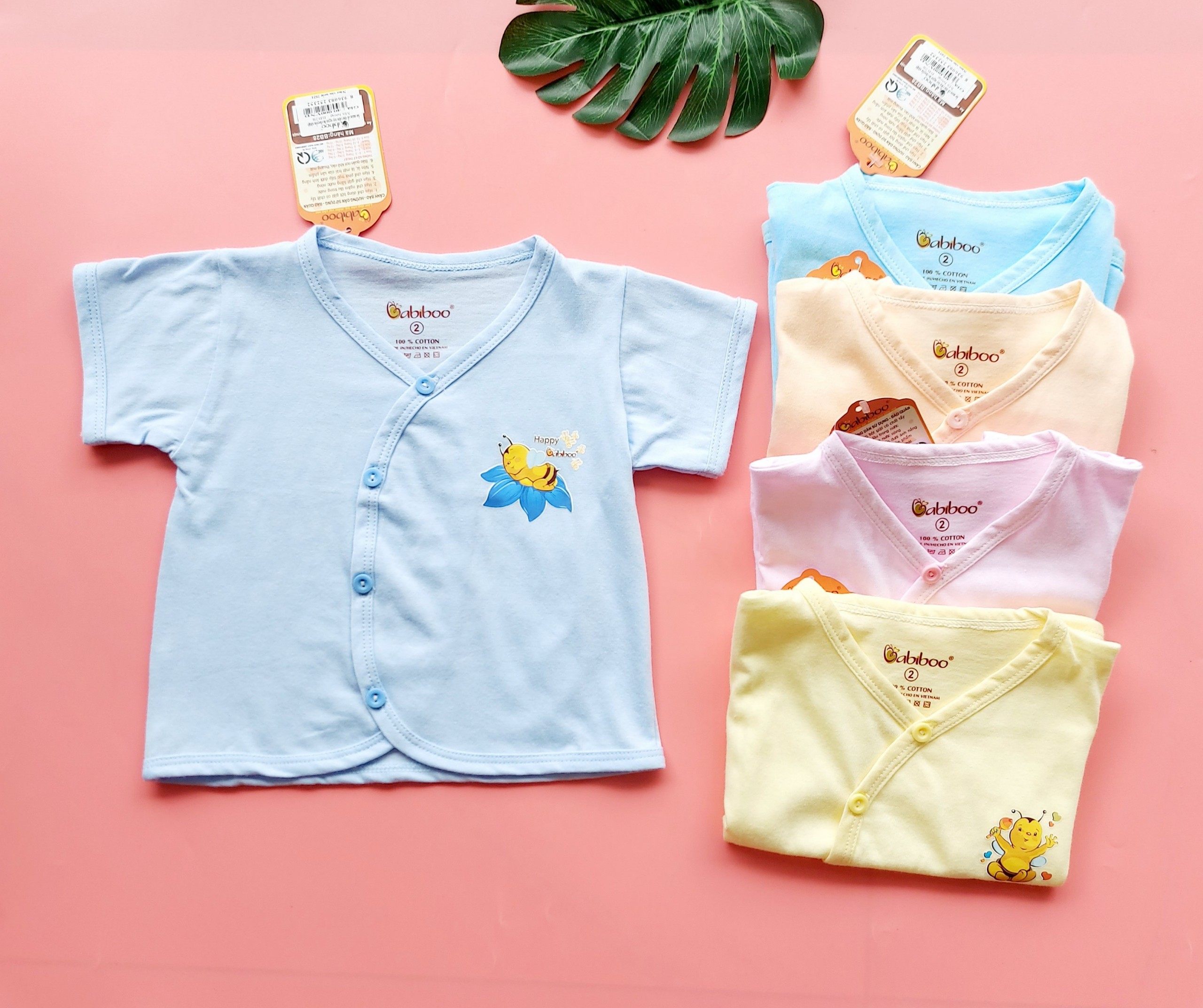 Combo 5 áo sơ sinh cài chéo tay ngắn đủ màu Babiboo BB28