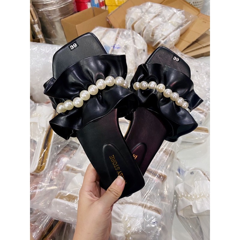 [HCM][Mã FASHIONG10 giảm 10k đơn 50k] [ GIÁ HUỶ DIỆT ] Dép nữ quai ngang bèo nhún đính ngọc đẹp hot DD-0254