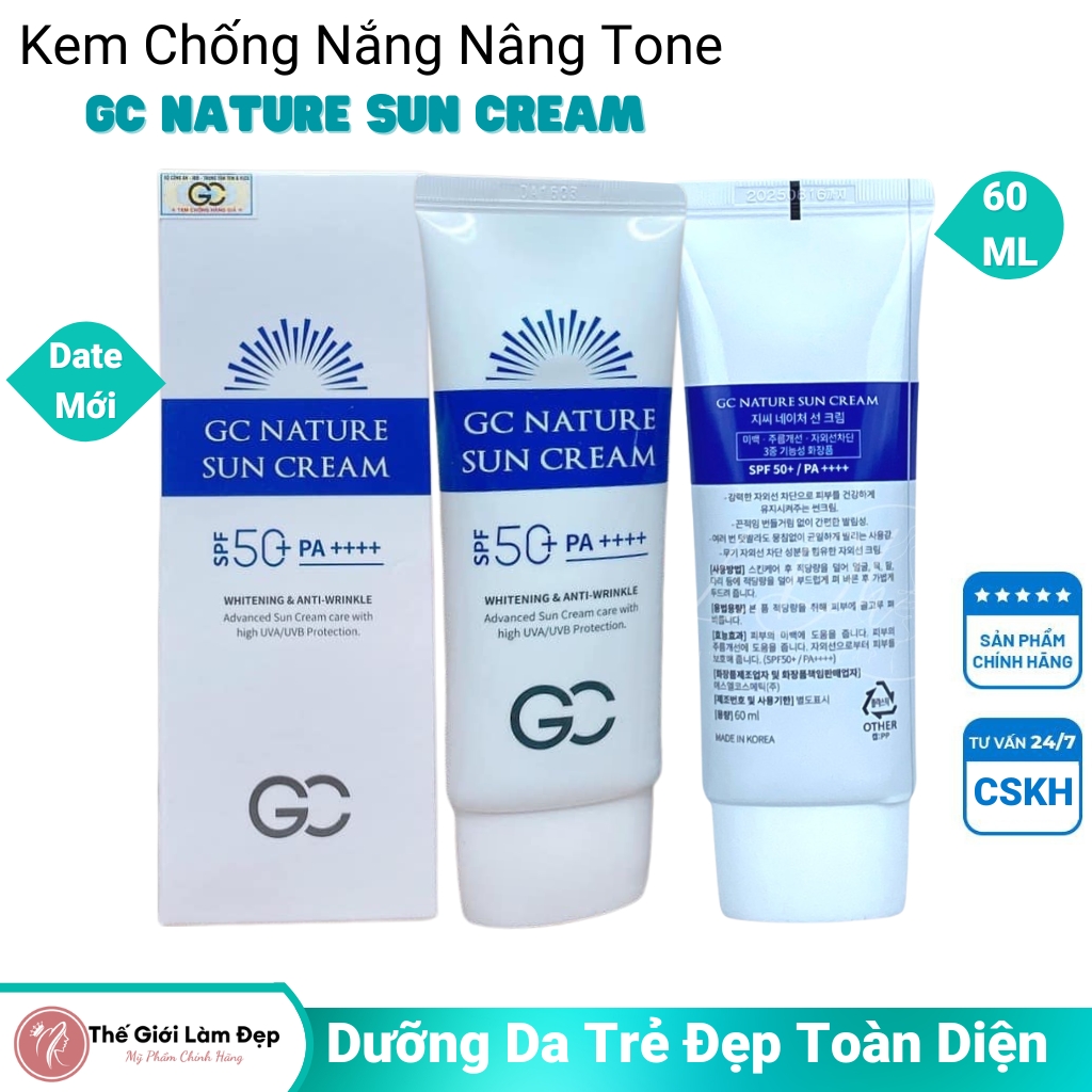 Kem sữa gel chống nắng GC Nature Sun Cream SPF 50 Hàn Quốc chính hãng 60ml kcn nâng tone tông kiềm dầu dưỡng ẩm chống trôi lão hóa tia uv làm trắng sáng da mặt dầu mụn thường nhạy cảm body toàn thân tay chân khô nam nữ chơi biển hàng ngày-Thế Giới Làm Đẹp