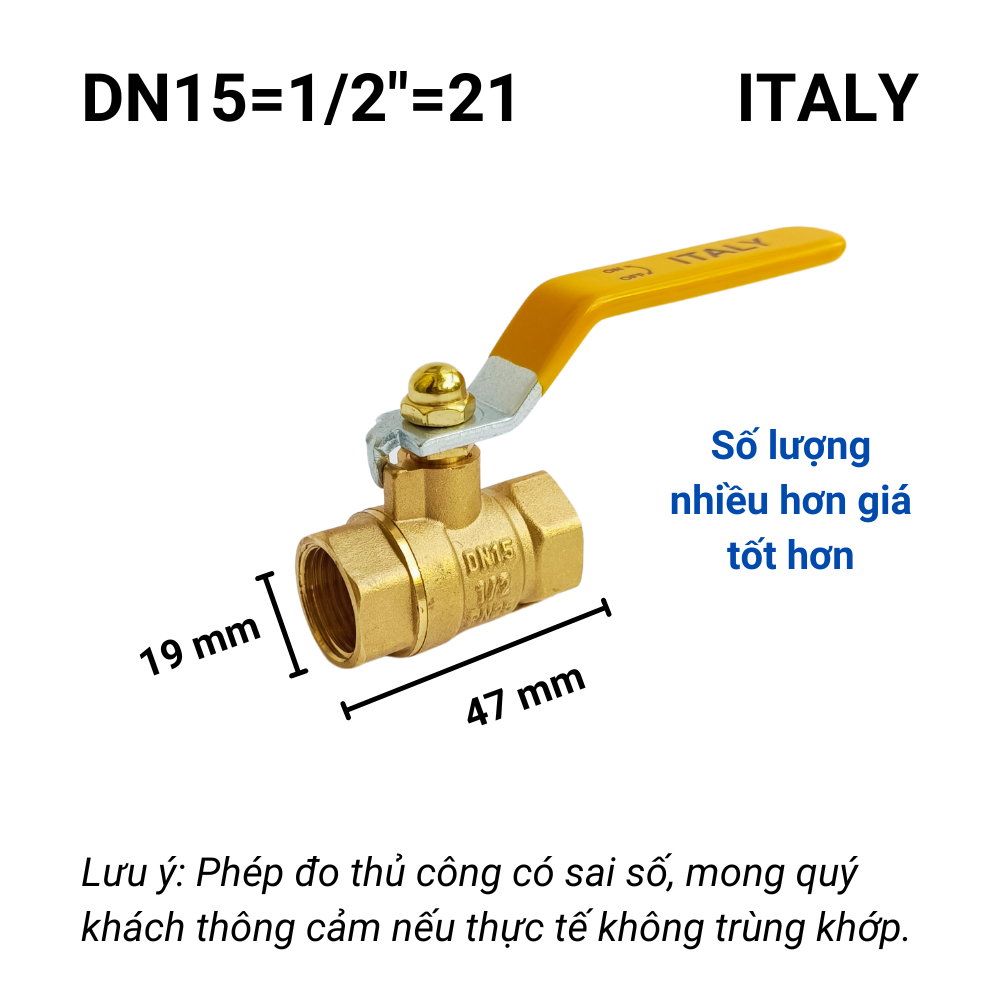 Van bi đồng italy phi 21 van nước ren trong khoá tay gạt