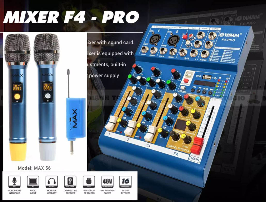 Trọn bộ bàn trộn mixer yamaha f4 pro tặng kèm 2 micro không dây đa năng max 56 cao cấp chống hú hiệu quả hút âm tốt tích hợp 16 chế độ vang mixer yamaha f4 pro là dòng sản phẩm mới ra mắt của yamaha tích hợp soundcard livestream