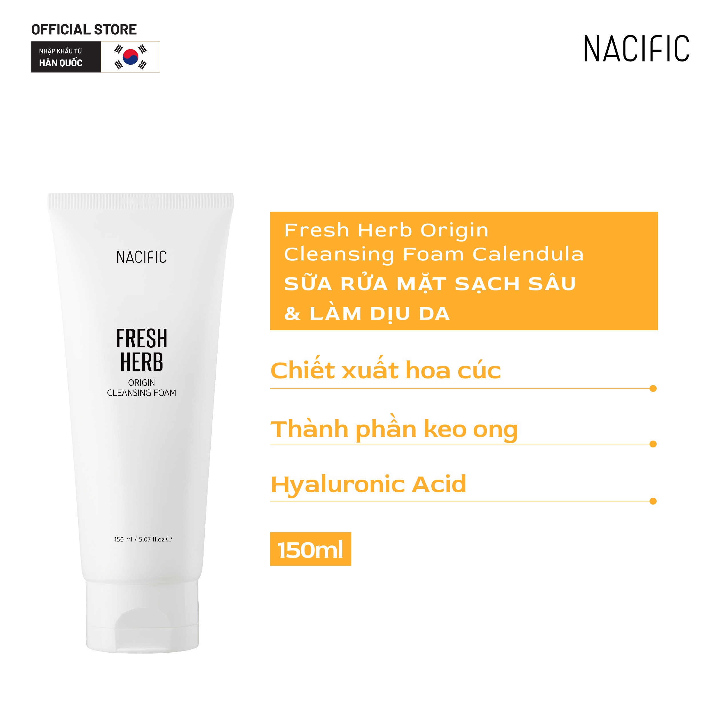 Sữa rửa mặt làm sạch Nacific Fresh Herb Origin Cleansing Foam Calendula 150ml dành cho da dầu và hỗn hợp thiên dầu