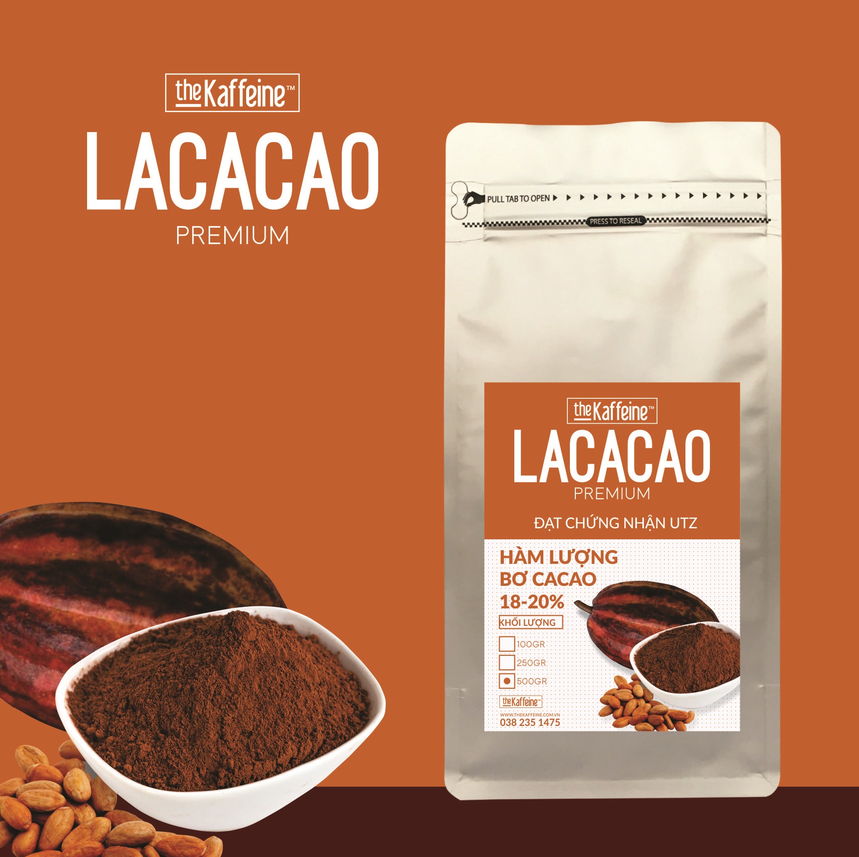 Bột cacao nguyên chất Lacacao PREMIUM từ hạt ca cao 500g