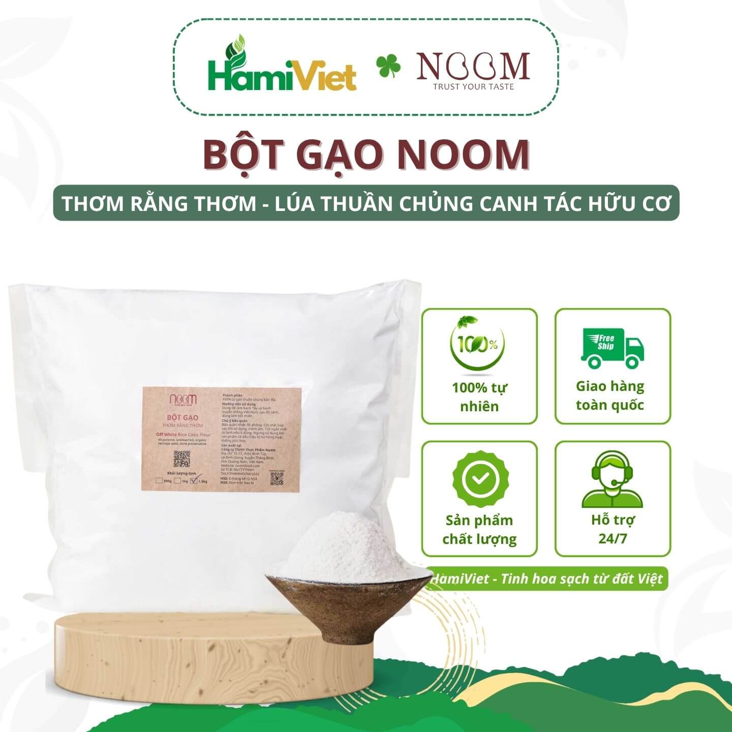 Bột gạo Noom từ 2 giống lúa tẻ thuần chủng trứ danh đất Quảng, canh tác tự nhiên hữu cơ