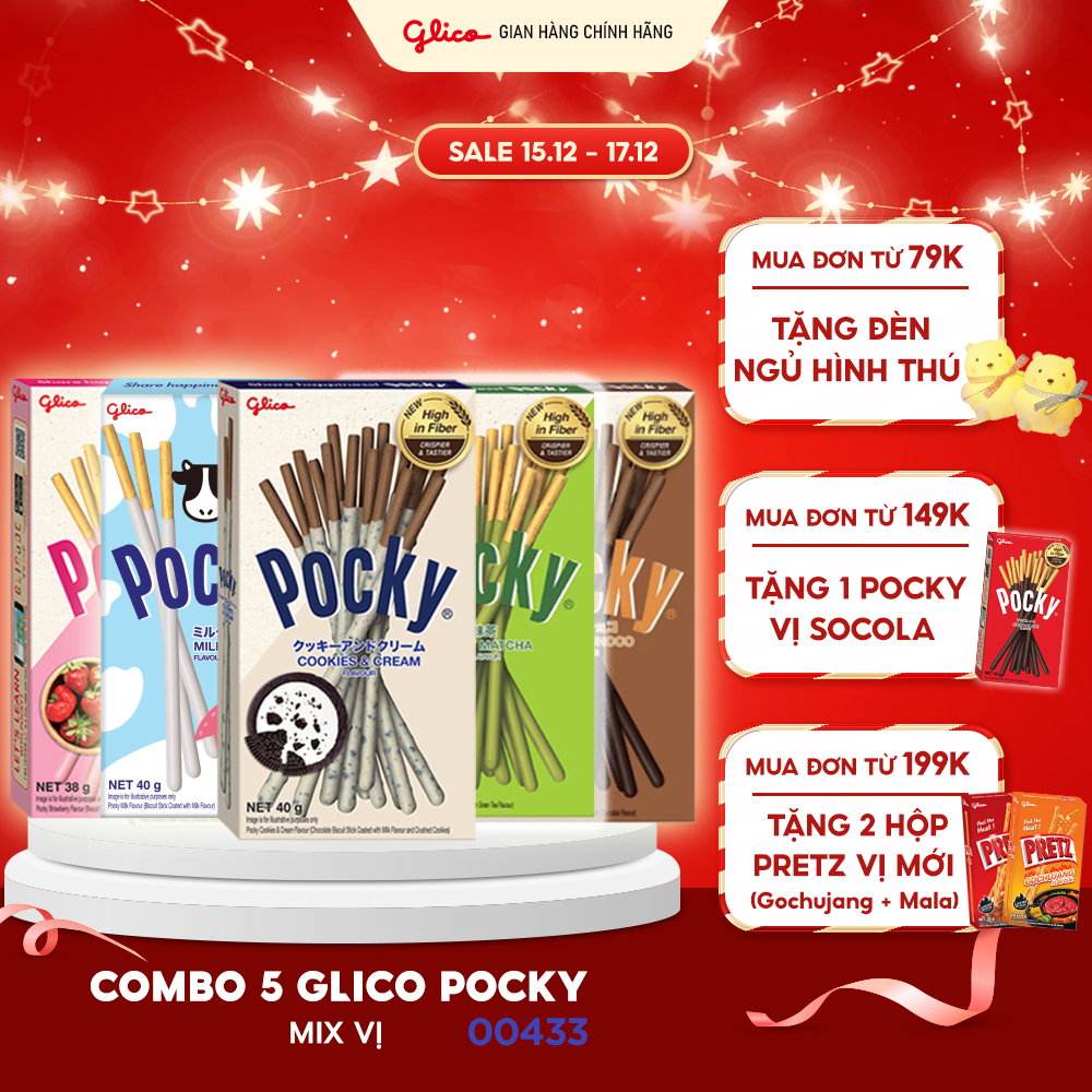  Combo 5 Hộp Mix Vị Bánh Que Phủ Kem Glico Pocky  00433 - 1 Dâu_1 Cookie_1 Milk Hokkaido_1 Double Choco_1 Matcha  