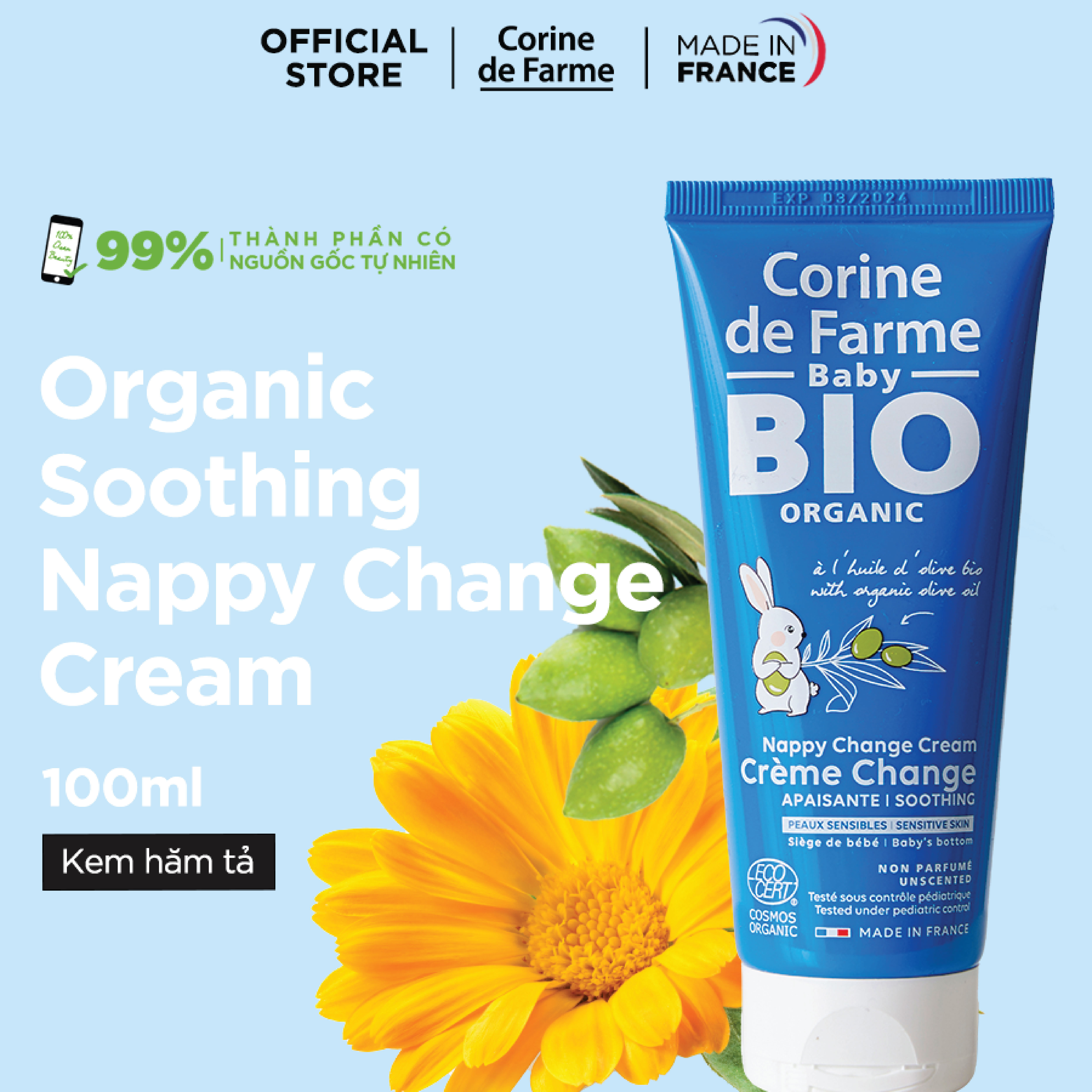 Kem dưỡng ẩm, chống hăm tã cho mông bé Corine de Farme Organic Soothing Nappy Change Cream 100ml
