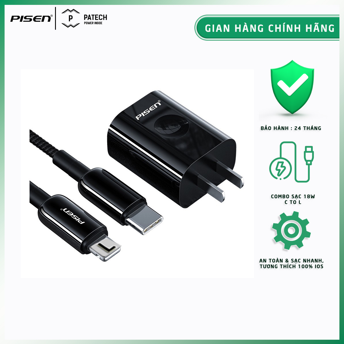 [20h 6/7 - 9.7 nhập 77lazsocial80k voucher giảm 12% đơn từ 250k tối đa 80k]combo sạc pisen quick pd 18w (lightning & type-c 3a zinc alloy)- (ts-c118)